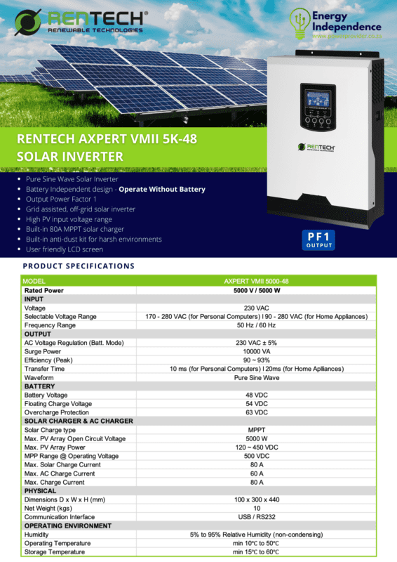 Rentech Axpert Vmii 5K 48 Off Grid Inverter With Mppt | Energy Independence